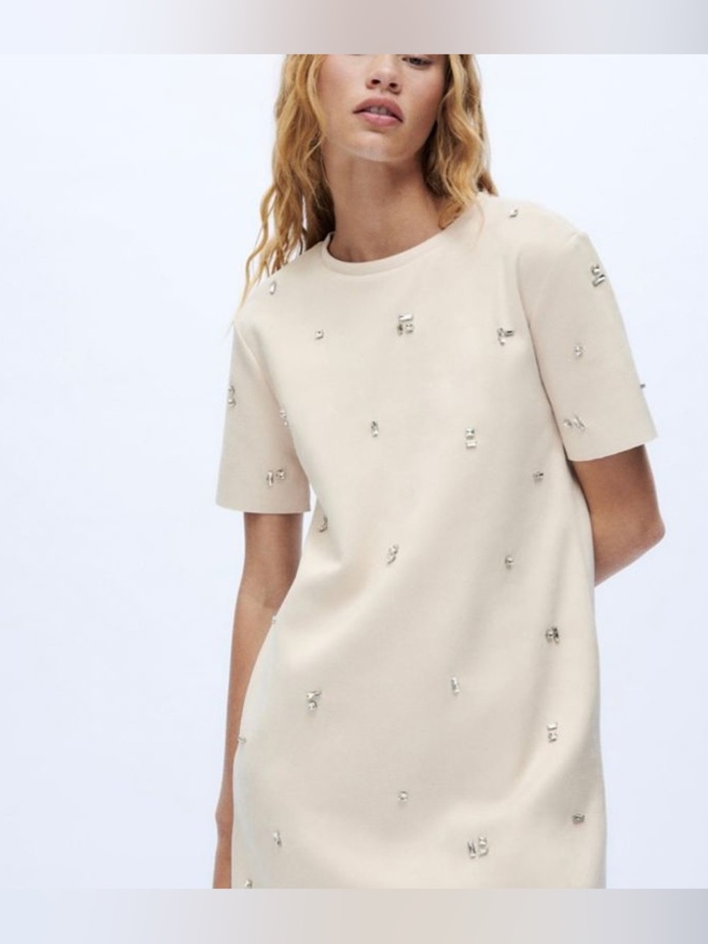 Zara rhinestone-embellished faux suede shift mini dress neutral/cream size m